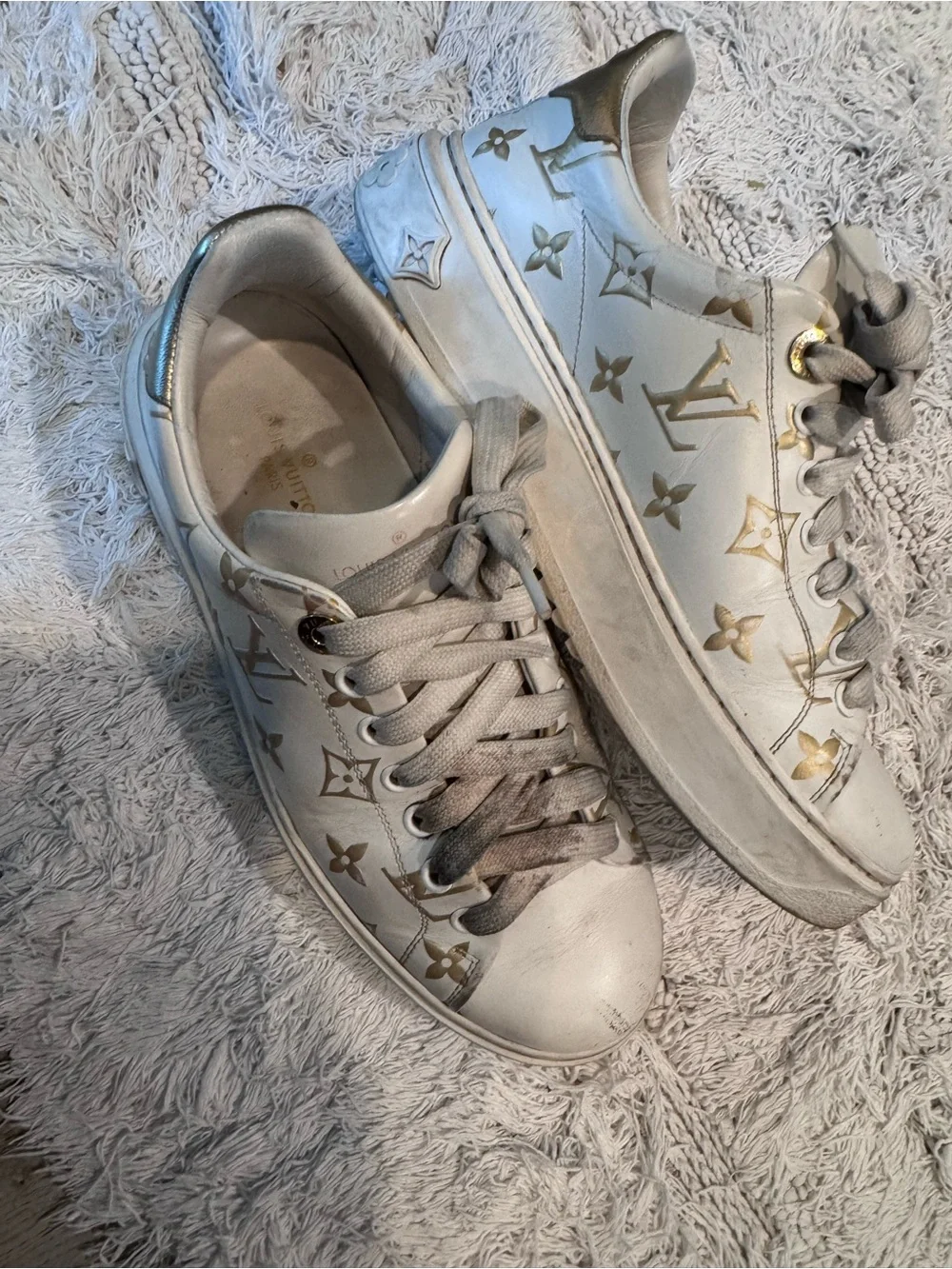 Louis Vuitton White Sneakers with Gold Monogram Accents